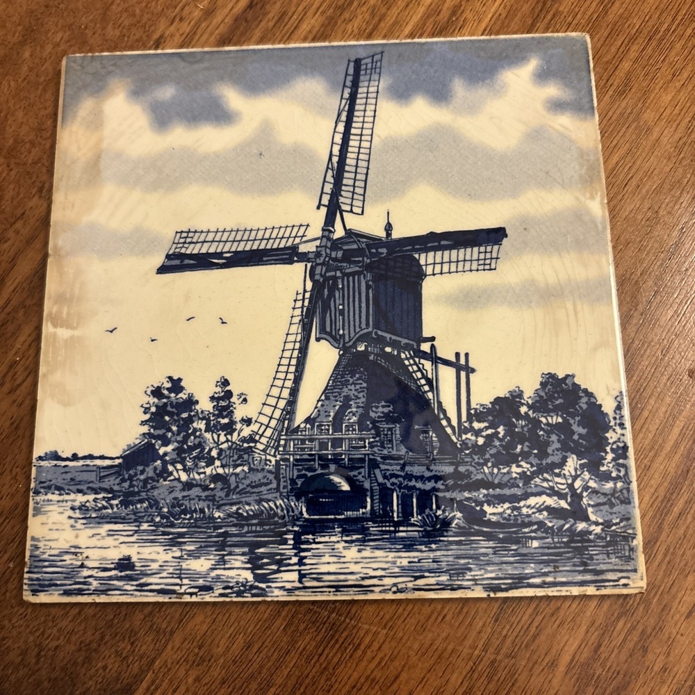 Antique HOLLAND DELFT HAND PAINTED WINDMILL TILE 6"x 6" Detailed